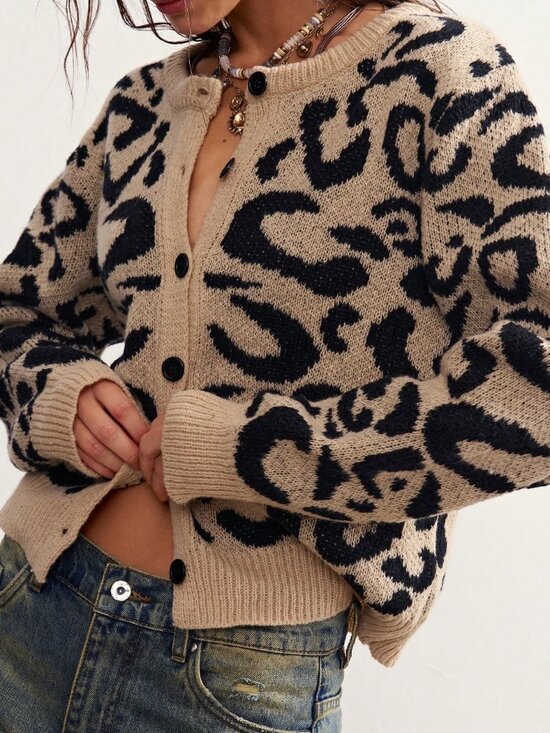 Sweaters - Apricot Casual Women's Leopard Print Jacquard Knit Cardigan